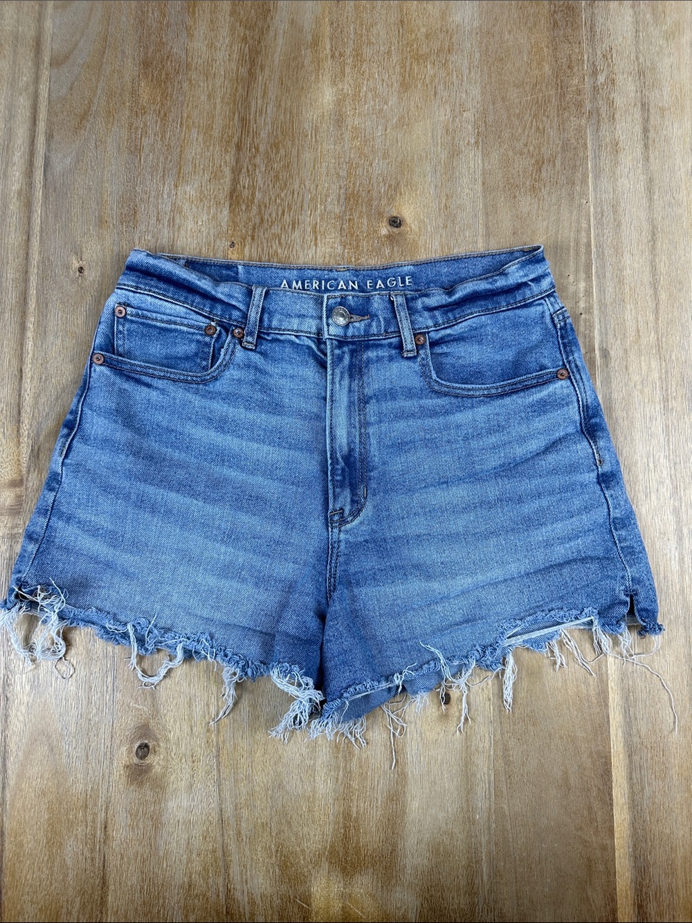 American Eagle Medium Wash Highest Rise 90s Boyfriend Frayed Hem Denim Shorts